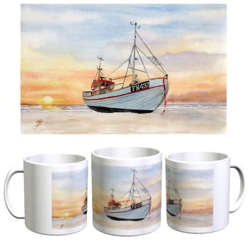Tasse Becher Kaffeebecher Fischerboot im Sonnenuntergang Aquarell Maritim Kunst Druck Kunstdruck Dänemark Nordsee  Düne Meer Möwe Strand